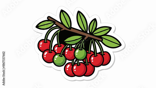 A cartoon branch with red and green cherries and leaves