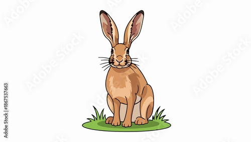 A brown hare sits on a small patch of green grass, its large ears pointed upwards