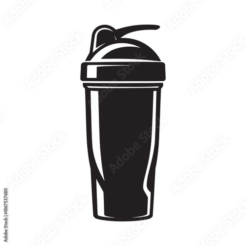 A black and white illustration of a protein shaker bottle with a lid