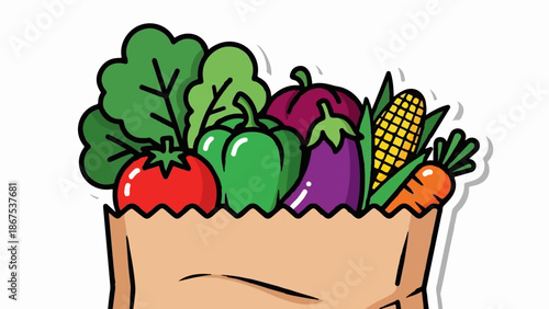 A brown paper bag overflowing with a variety of colorful, cartoon-style vegetables