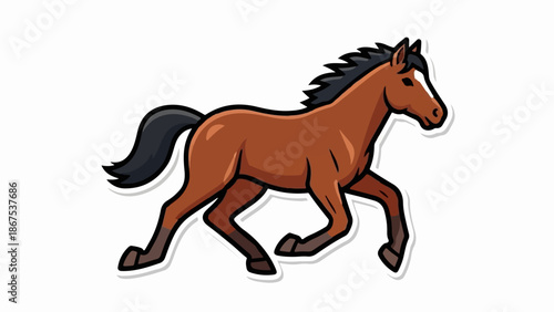A cartoon brown horse with a black mane and tail runs dynamically across a white background