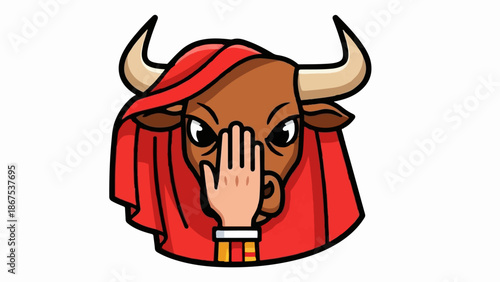 A cartoon bull covered by a red cape, hiding its face with a hand