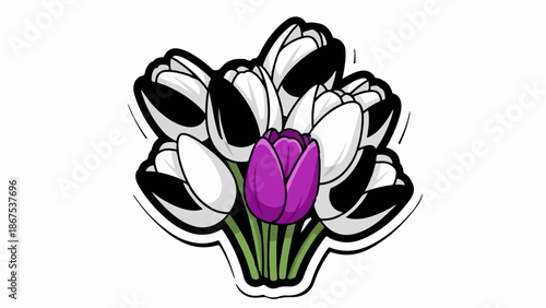 A bouquet of tulips with a single purple tulip prominently displayed among white ones