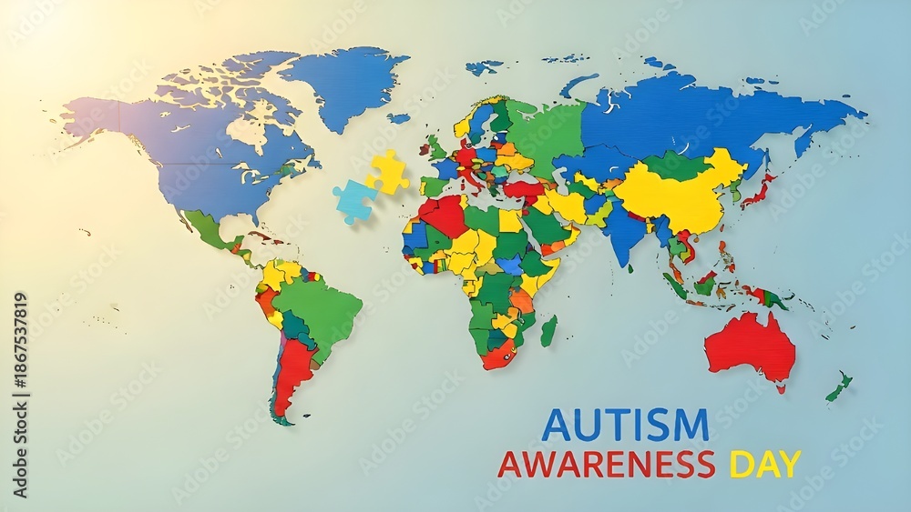 Naklejka premium A puzzle-piece world map for Autism Day awareness concept.