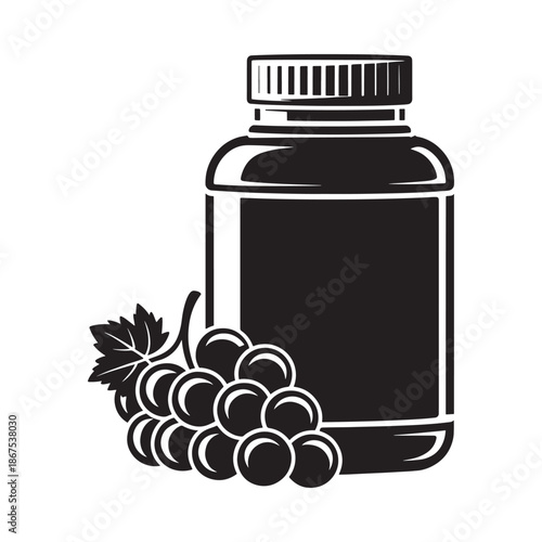 Black and white illustration of a supplement bottle with a grape cluster