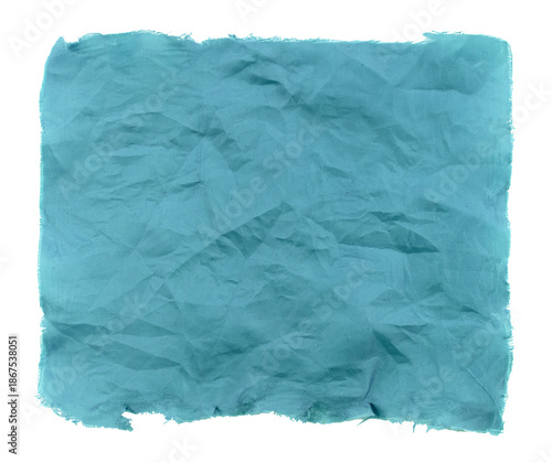 A piece of blue satin fabric on a white background. Isolate a crumpled piece of fabric