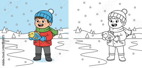 Winter coloring book page for kids, happy boy holding big fish in snow, vector illustration with color example and outline