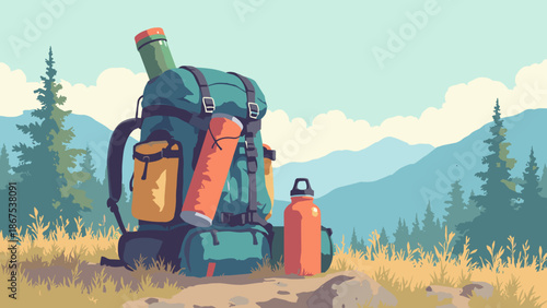 A backpack filled with supplies (rolled mat, water bottle). Ready for adventure. Flat vector