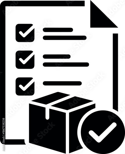 Minimalist black and white icon of shipping checklist with a cardboard box and checkmark symbol