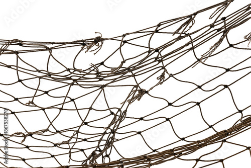 Torn Football or tennis net. Rope mesh on a white background close-up