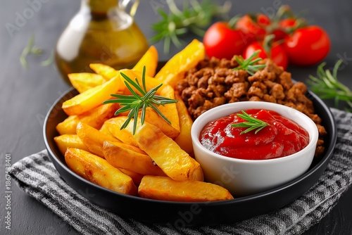 Hearty meal featuring crispy potato wedges, seasoned ground beef, fresh arugula, and vibrant tomato sauce, highlighting appetizing textures and flavors in a delightful presentation