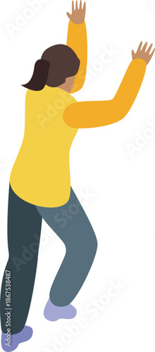 Woman climbing an invisible wall using both hands, seen from behind, in isometric view