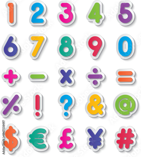 Colorful magnetic numbers symbols and characters on a white background