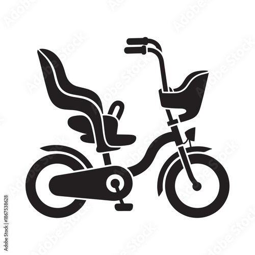 Simple black and white illustration of a child s tricycle with basket and seat