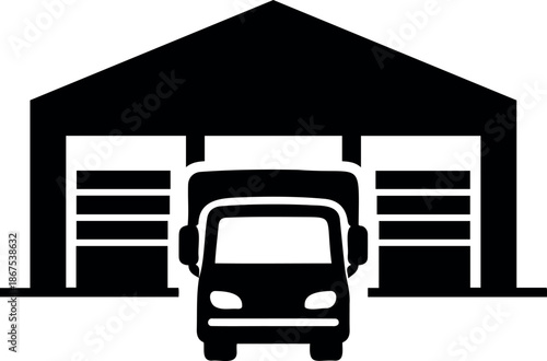 Minimalist black and white vector icon of delivery truck at a distribution warehouse loading dock
