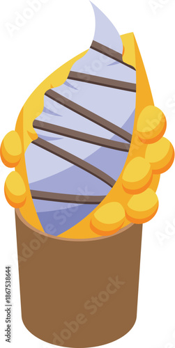 Delicious hong kong bubble waffle filled with blueberry ice cream and chocolate topping, isometric view