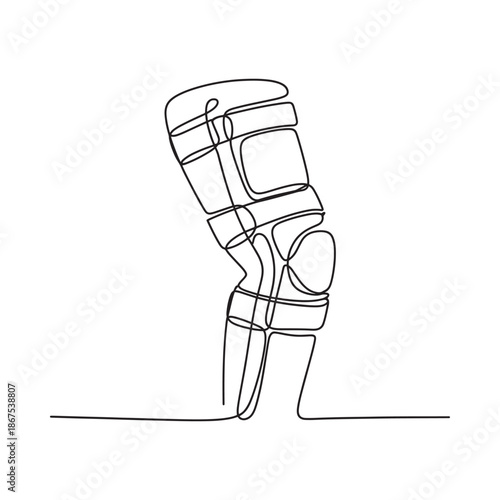 Minimalist continuous line drawing of a knee joint and support brace