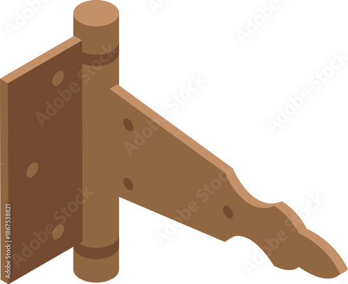Brown vintage hinge connecting two wooden planks in isometric view, ideal for carpentry and diy projects