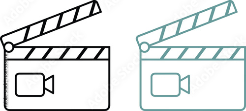 Linear cinema clapperboard icon set featuring movie camera symbols in black and slate blue for video production branding.
