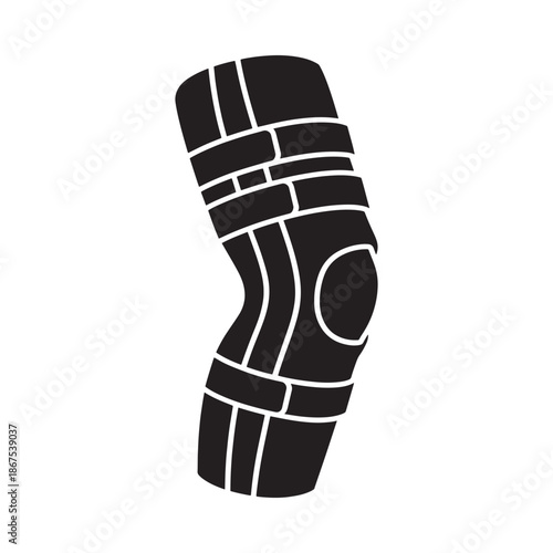 Black silhouette illustration of a knee joint with support brace