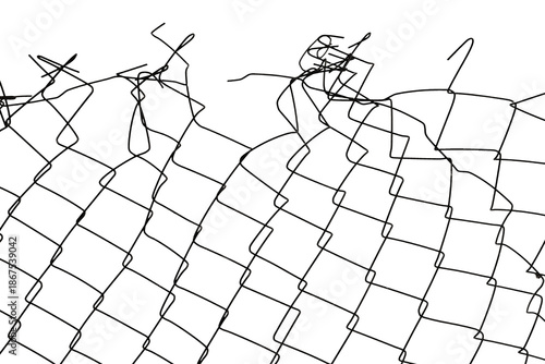 The texture of the metal mesh on a white background. Torn steel, metal mesh with holes