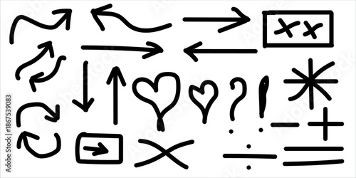 A collection of hand drawn arrows symbols and punctuation marks in black on a white background