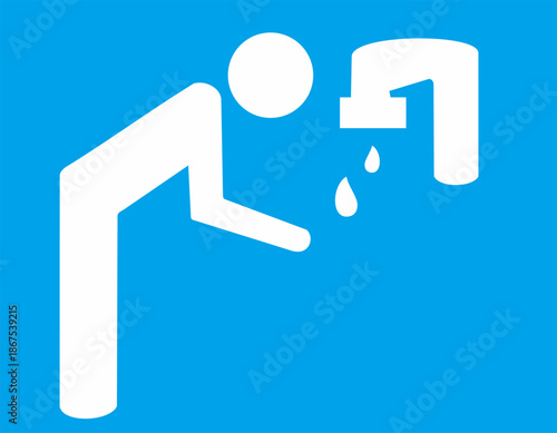 Blue hygiene symbol depicting a person using a water tap to wash their face