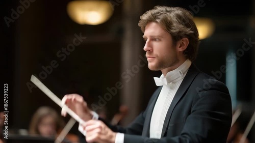 An orchestra conductor giving subtle hand and baton signals to guide musicians through a dramatic crescendo, stage lights highlighting every motion — performing arts communication, musical