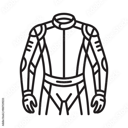 Outline of a futuristic exoskeleton vest with articulated arms and body