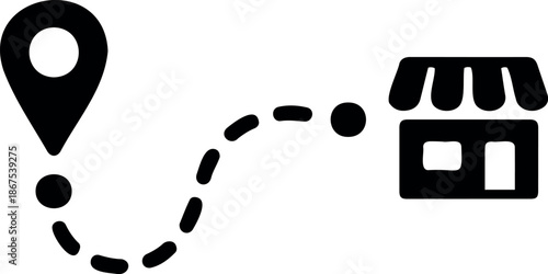 Minimalist black and white vector icon showing navigation route from map pin to local shop.