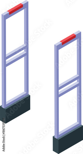 Isometric view of anti theft system gates detecting stolen items at store entrance, enhancing security measures