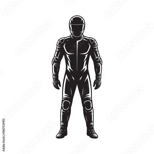 Black and white illustration of a motorcyclist in full protective gear