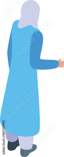 Muslim woman wearing traditional clothes is walking forward, isometric icon
