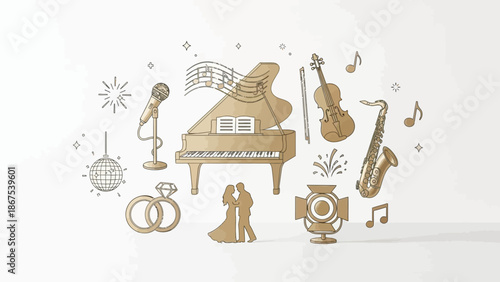 A romantic wedding celebration illustration with musical instruments and disco ball with romance and piano and love and couple and party and event