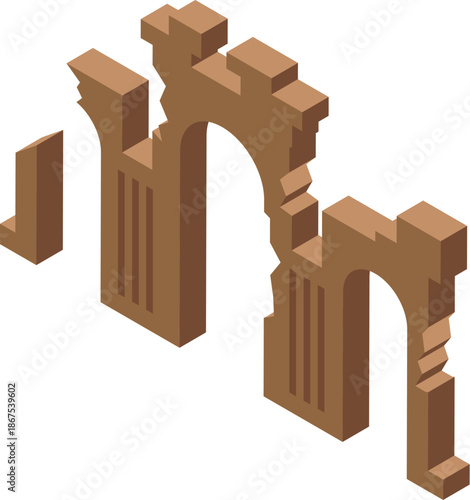 Isometric illustration of a partially destroyed triumphal arch, showcasing architectural decay and historical significance