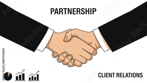 Business partnership handshake with graphs and charts on white background with client and relations and agreement and cooperation and teamwork