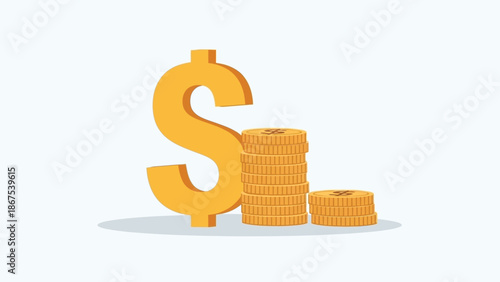 Golden dollar sign with stacks of coins on white background for finance and business concepts with money and wealth and economy and investment
