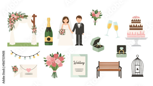 Wedding planning graphic illustration with bride groom cake champagne flowers decorations and gifts on white background with marriage and love