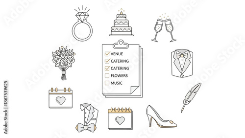 Wedding planning checklist with romantic symbols and decorations in a line art style illustration with wedding checklist and engagement ring