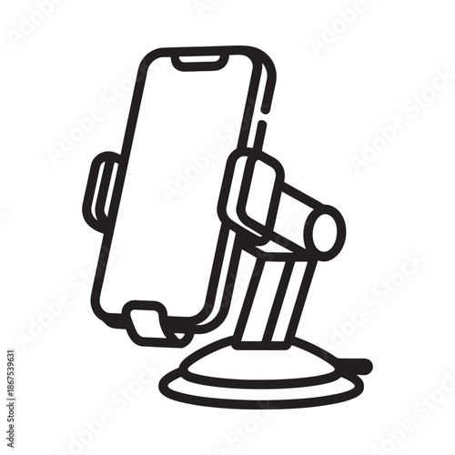 Black and white line drawing of a smartphone car mount with suction cup