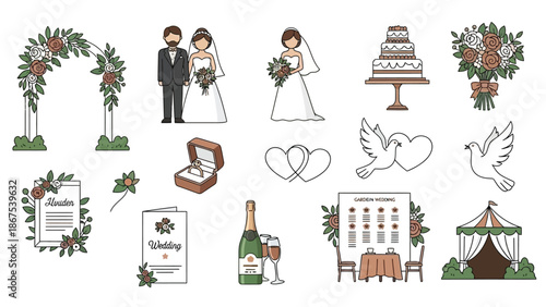 Wedding planning illustration set with bride groom cake flowers archway invitations and decorations for ceremony and reception with wedding cake