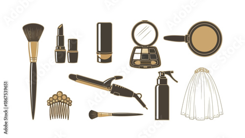 Beauty products and tools for makeup and hair styling on white background with cosmetics and grooming and preparation and routine and daily