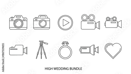 High wedding bundle icons including cameras video cameras tripod ring and heart on white background with photography and videography and graphic resources
