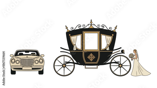 Wedding transportation options with a vintage car and a horse drawn carriage with a bride with romance and love and marriage and luxury and white