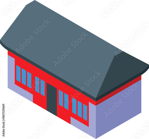 Asian house with grey roof and red walls representing traditional oriental architecture, shown in isometric projection