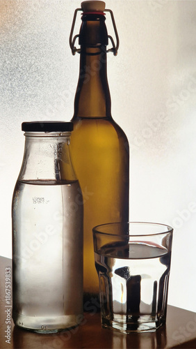 Still life featuring three glass liquid containers