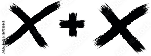 A black brush stroke illustration of two xs and a plus sign on a white background