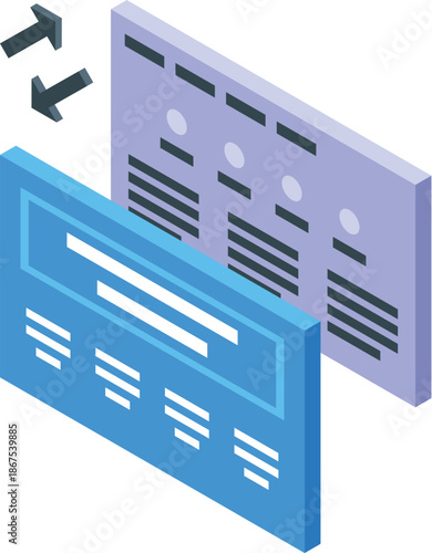 Data transfering from one platform to another, isometric vector illustration of migrating content