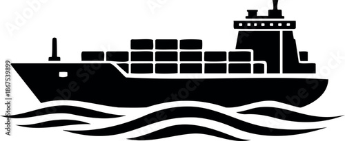 Minimalist black silhouette icon of cargo container ship sailing on ocean waves for global logistics.