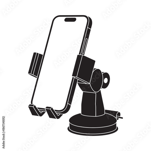 Black and white outline of a car phone mount with a suction cup base